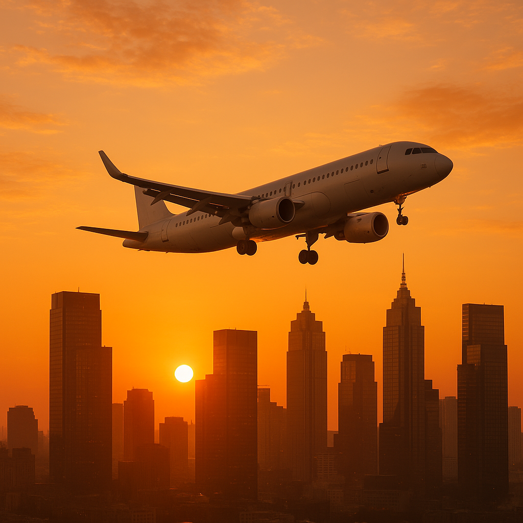 une photo reprsentant un joli avion autour de grands buildings avec lever du soleil et couleurorang
