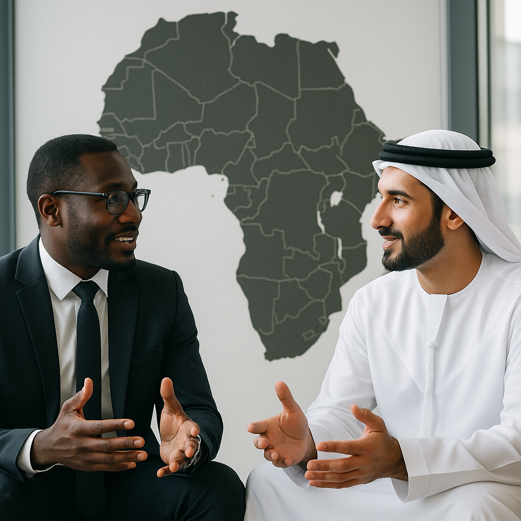 deux businessman noir et emirati qui discutent de leur activits en Afrique-1
